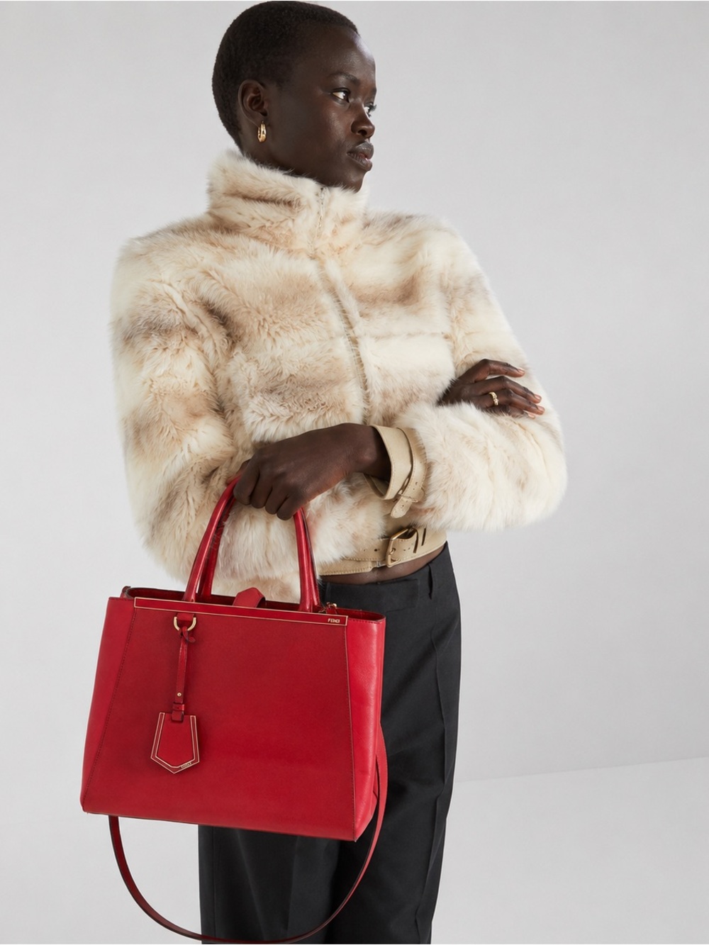 Fendi 2Jours Elite Vitello Leather Tote Bag Rosso Fiamma Red Medium - Picture 11 of 17